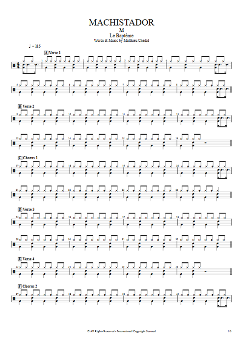 Machistador Matthieu Chedid guitar pro tab Drums Full Score mysongbook