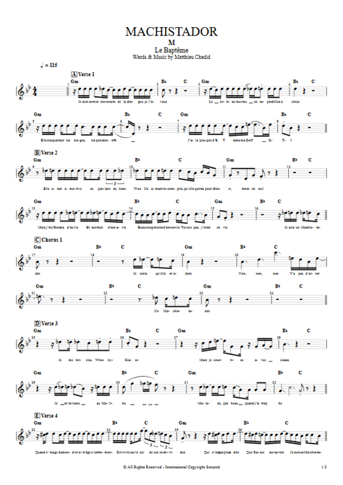 Machistador Matthieu Chedid guitar pro tab Vocals Full Score mysongbook