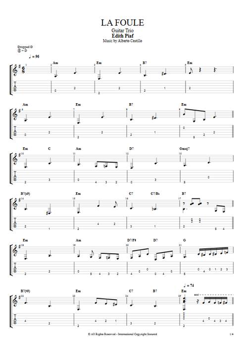 La Foule Edith Piaf guitar pro tab AGuitarIII Guitar Trio mysongbook