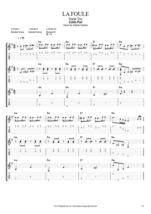 La Foule Edith Piaf guitar pro tab Full Score Guitar Trio mysongbook