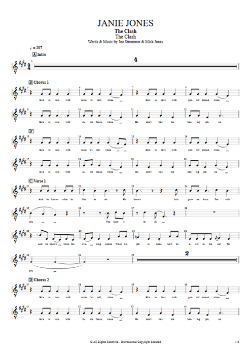 Janie Jones The Clash guitar pro tab Vocals Full Score mysongbook