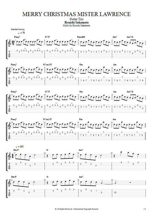 Merry Christmas Mr. Lawrence Ryuichi Sakamoto guitar pro tab AGuitarI Guitar Trio mysongbook