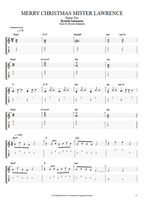 Merry Christmas Mr. Lawrence Ryuichi Sakamoto guitar pro tab AGuitarII Guitar Trio mysongbook