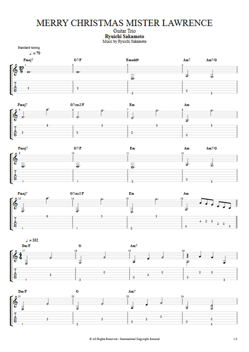 Merry Christmas Mr. Lawrence Ryuichi Sakamoto guitar pro tab AGuitarIII Guitar Trio mysongbook