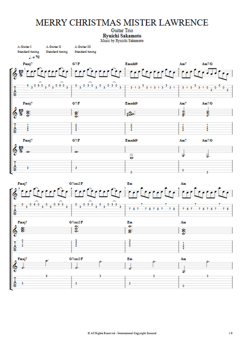 Merry Christmas Mr. Lawrence Ryuichi Sakamoto guitar pro tab Full Score Guitar Trio mysongbook