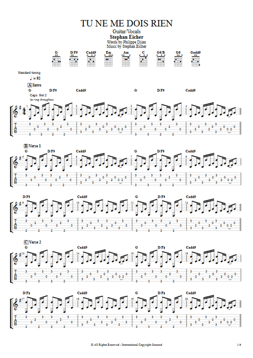 Tu ne me dois rien Stephan Eicher guitar pro tab AGuitar Guitar & Vocals mysongbook
