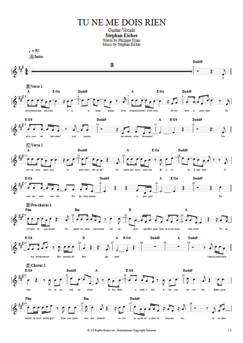Tu ne me dois rien Stephan Eicher guitar pro tab Vocals Guitar & Vocals mysongbook
