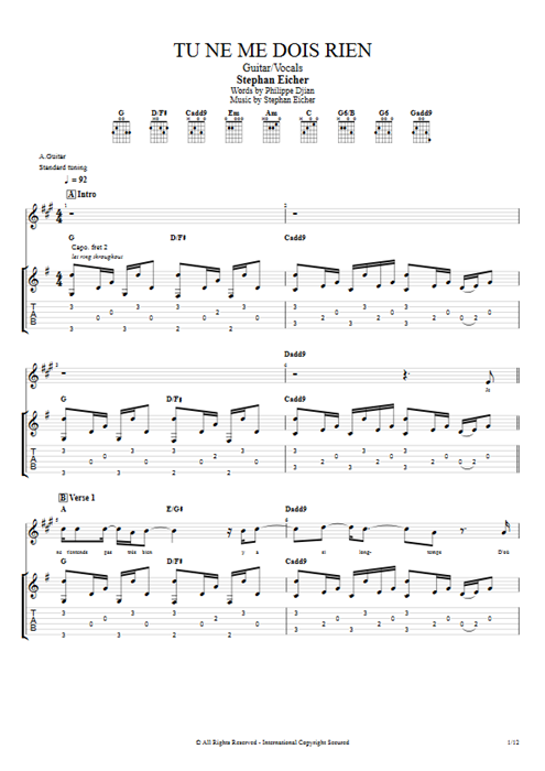 Tu ne me dois rien Stephan Eicher guitar pro tab Full Score Guitar & Vocals mysongbook