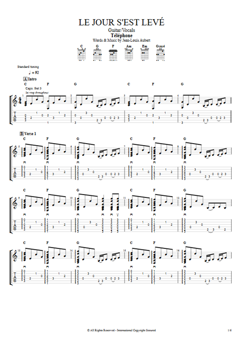 Le jour s'est levé Telephone guitar pro tab AGuitar Guitar & Vocals mysongbook