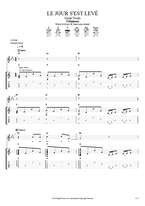 Le jour s'est levé Telephone guitar pro tab Full Score Guitar & Vocals mysongbook