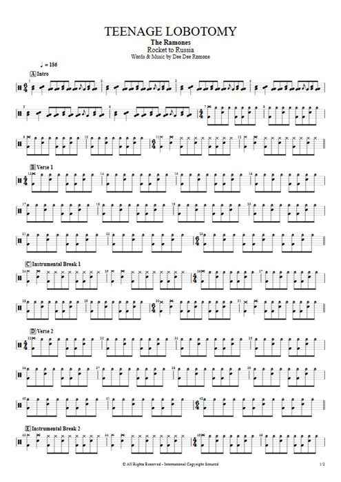 Teenage Lobotomy Ramones guitar pro tab Drums Full Score mysongbook