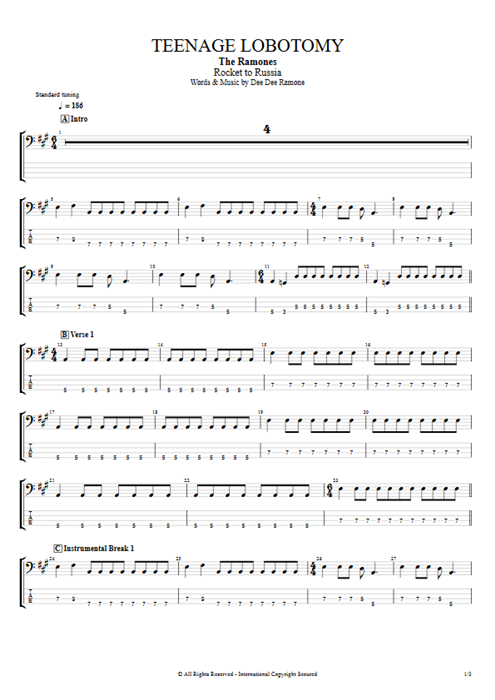 Teenage Lobotomy Ramones guitar pro tab EBass Guitars, Bass & Backing Track mysongbook