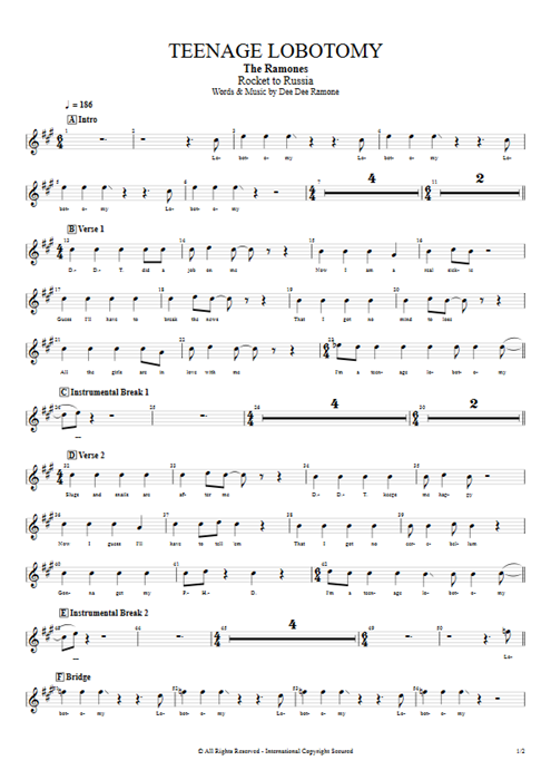 Teenage Lobotomy Ramones guitar pro tab Vocals Guitars, Bass & Backing Track mysongbook