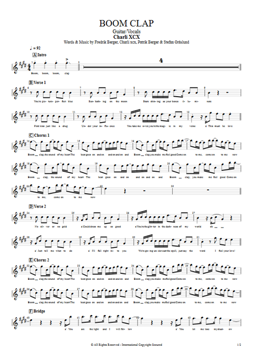 Boom Clap Charli XCX guitar pro tab Vocals Guitar & Vocals mysongbook