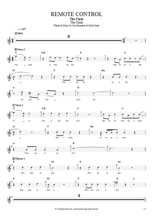 Remote Control The Clash guitar pro tab Vocals Full Score mysongbook