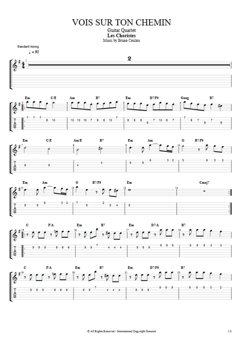 Vois sur ton chemin Bruno Coulais guitar pro tab AGuitarI Guitar Quartet mysongbook