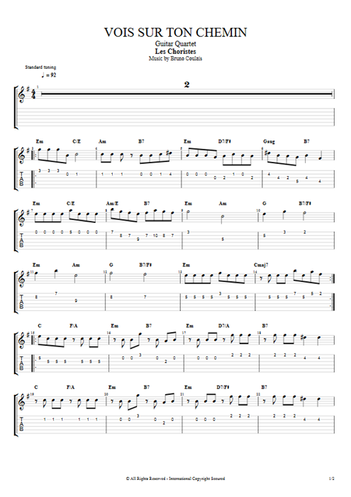 Vois sur ton chemin Bruno Coulais guitar pro tab AGuitarII Guitar Quartet mysongbook