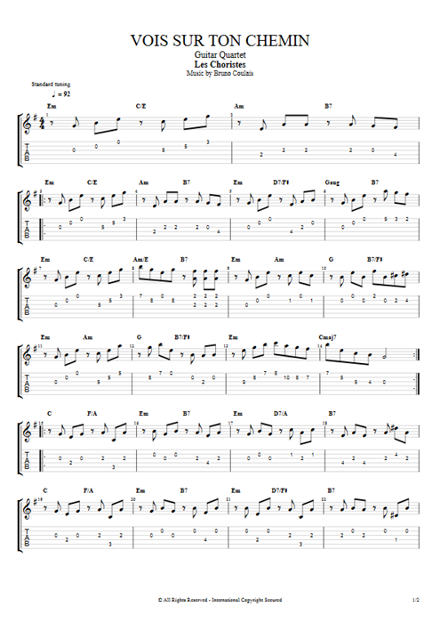 Vois sur ton chemin Bruno Coulais guitar pro tab AGuitarIII Guitar Quartet mysongbook