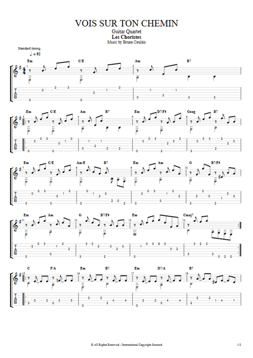 Vois sur ton chemin Bruno Coulais guitar pro tab AGuitarIV Guitar Quartet mysongbook
