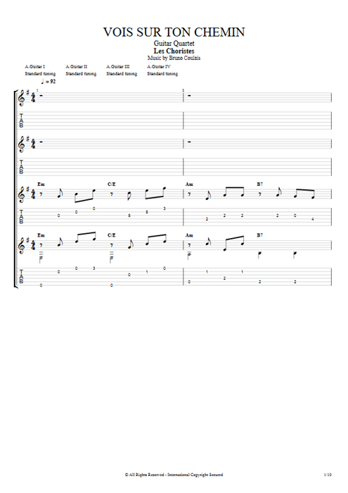 Vois sur ton chemin Bruno Coulais guitar pro tab Full Score Guitar Quartet mysongbook