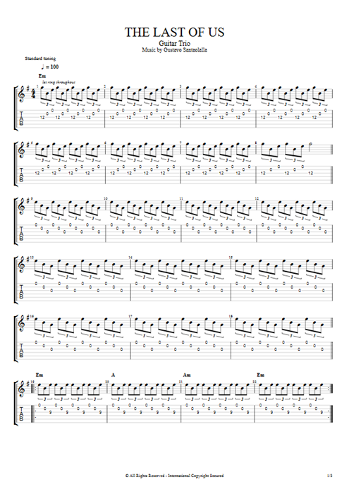 The Last of Us Theme Gustavo Santaolalla guitar pro tab AGuitarI Guitar Trio mysongbook