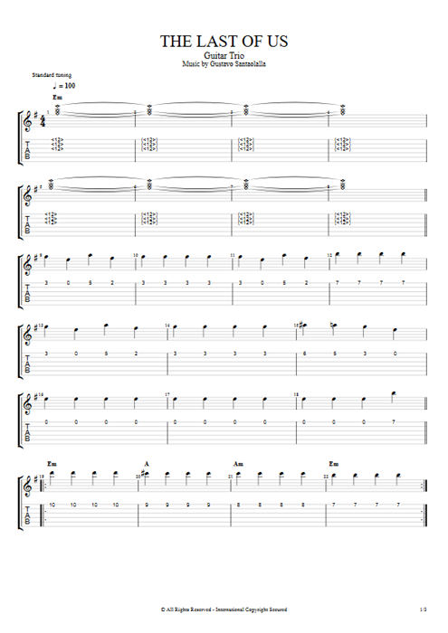 The Last of Us Theme Gustavo Santaolalla guitar pro tab AGuitarII Guitar Trio mysongbook