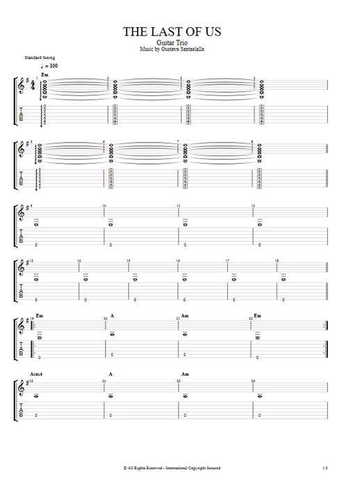 The Last of Us Theme Gustavo Santaolalla guitar pro tab AGuitarIII Guitar Trio mysongbook