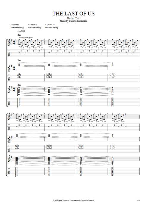 The Last of Us Theme Gustavo Santaolalla guitar pro tab Full Score Guitar Trio mysongbook