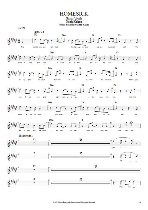 Homesick Noah Kahan guitar pro tab Vocals Guitar & Vocals mysongbook
