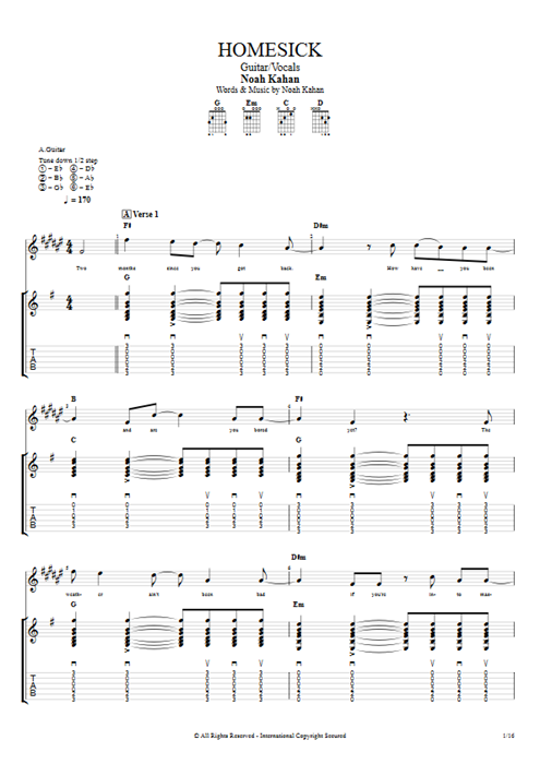 Homesick Noah Kahan guitar pro tab Full Score Guitar & Vocals mysongbook