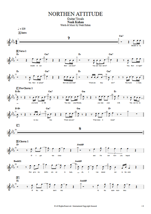 Northen Attitude Noah Kahan guitar pro tab Vocals Guitar & Vocals mysongbook