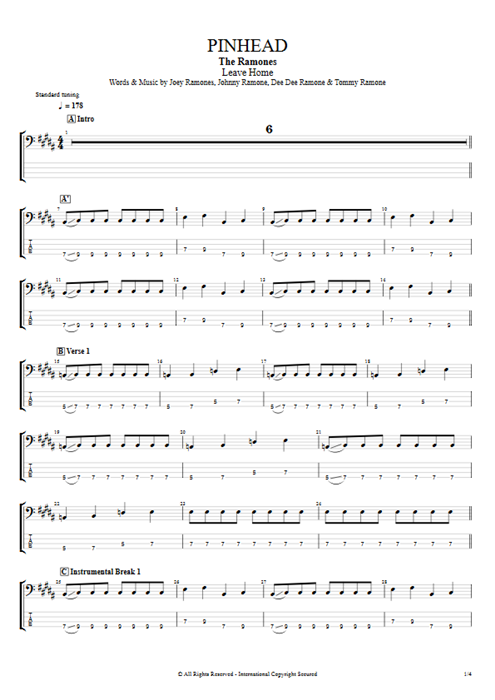 Pinhead Ramones guitar pro tab EBass Full Score mysongbook