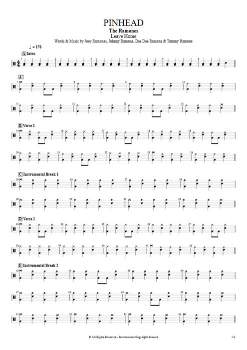Pinhead Ramones guitar pro tab Drums Full Score mysongbook