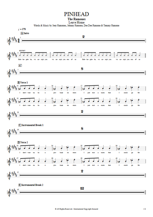 Pinhead Ramones guitar pro tab Vocals Full Score mysongbook