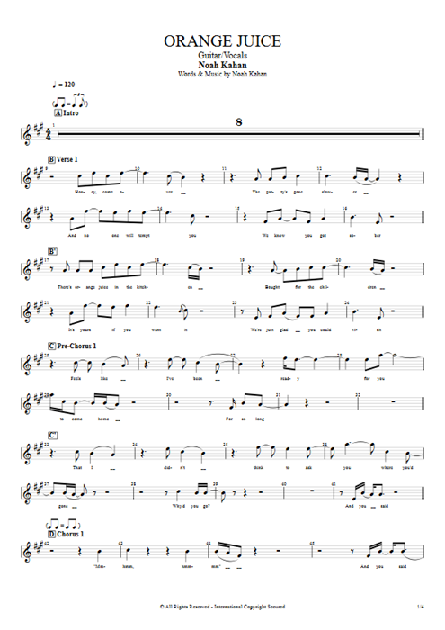 Orange Juice Noah Kahan guitar pro tab Vocals Guitar & Vocals mysongbook