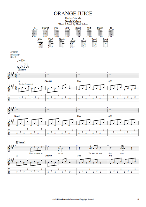 Orange Juice Noah Kahan guitar pro tab Full Score Guitar & Vocals mysongbook