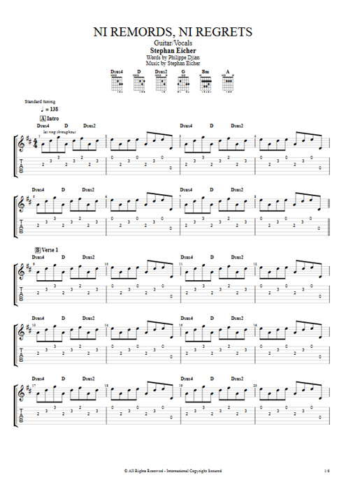 Ni remords, ni regrets Stephan Eicher guitar pro tab AGuitar Guitar & Vocals mysongbook