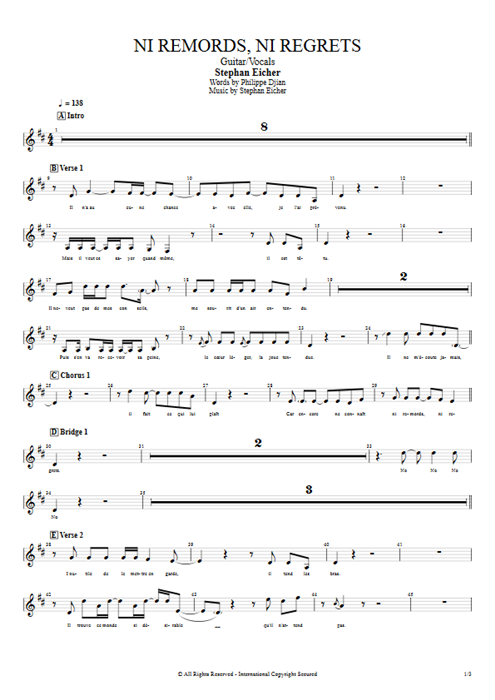 Ni remords, ni regrets Stephan Eicher guitar pro tab Vocals Guitar & Vocals mysongbook
