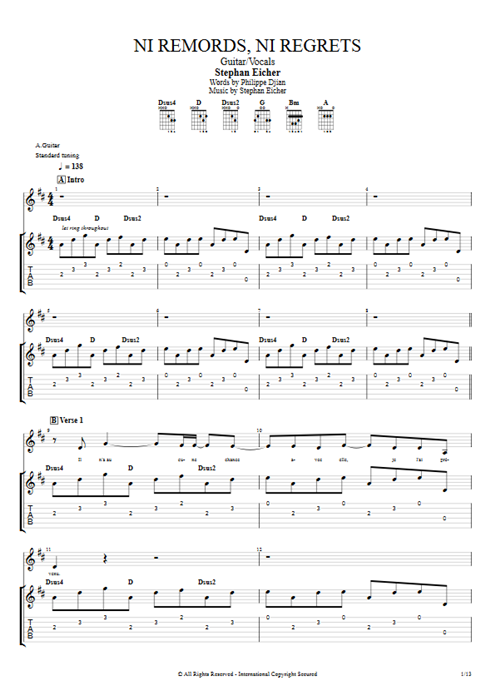 Ni remords, ni regrets Stephan Eicher guitar pro tab Full Score Guitar & Vocals mysongbook