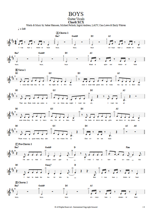 Boys Charli XCX guitar pro tab Vocals Guitar & Vocals mysongbook