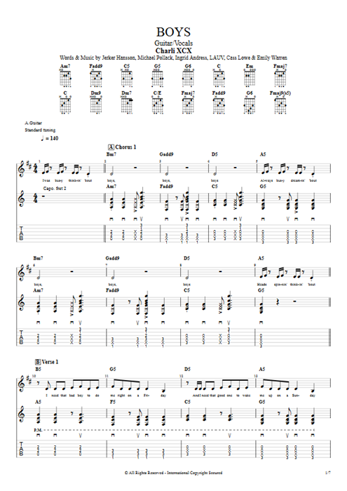 Boys Charli XCX guitar pro tab Full Score Guitar & Vocals mysongbook