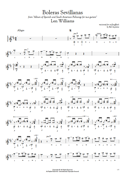 Boleras Sevillanas Len Williams guitar pro tab AGuitarI Guitar Duet mysongbook