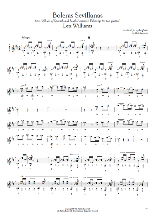 Boleras Sevillanas Len Williams guitar pro tab AGuitarII Guitar Duet mysongbook