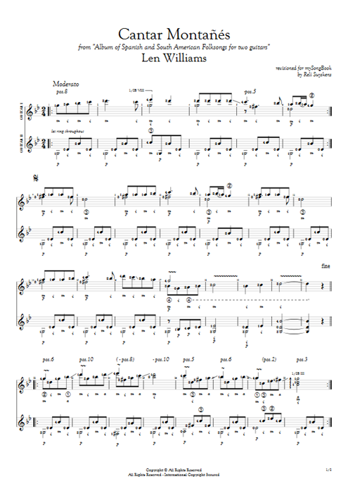 Cantar Montañés Len Williams guitar pro tab Full Score Guitar Duet mysongbook