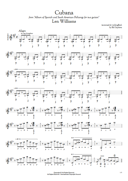 Cubana Len Williams guitar pro tab AGuitarII Guitar Duet mysongbook