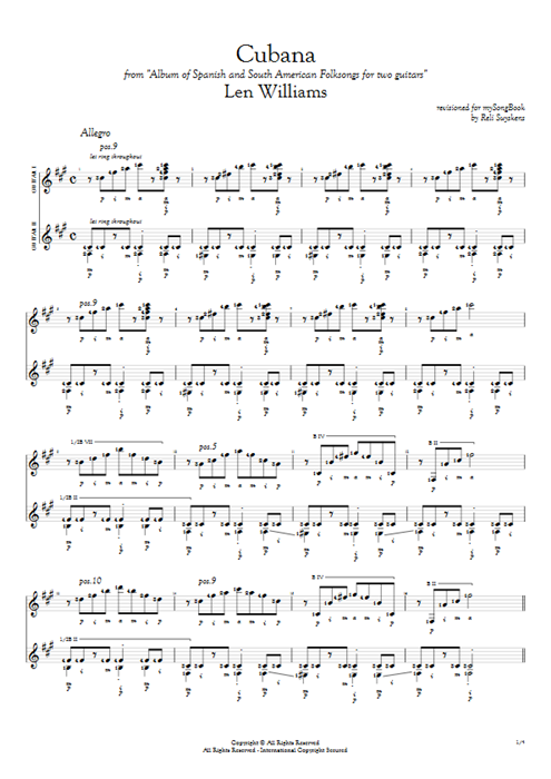 Cubana Len Williams guitar pro tab Full Score Guitar Duet mysongbook