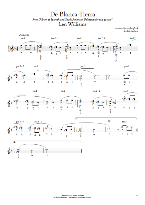 De Blanca Tierra Len Williams guitar pro tab AGuitarI Guitar Duet mysongbook