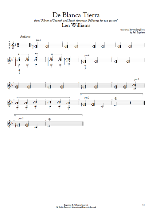 De Blanca Tierra Len Williams guitar pro tab AGuitarII Guitar Duet mysongbook
