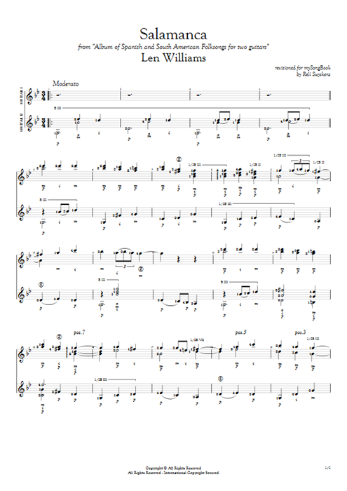 Salamanca Len Williams guitar pro tab Full Score Guitar Duet mysongbook
