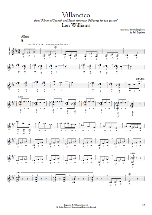 Villancico Len Williams guitar pro tab AGuitarII Guitar Duet mysongbook